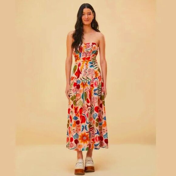 FARM Rio Dresses & Skirts - NWT Farm Rio Bright Farm Strapless Convertible Pink Linen Tropical Midi Dress XL